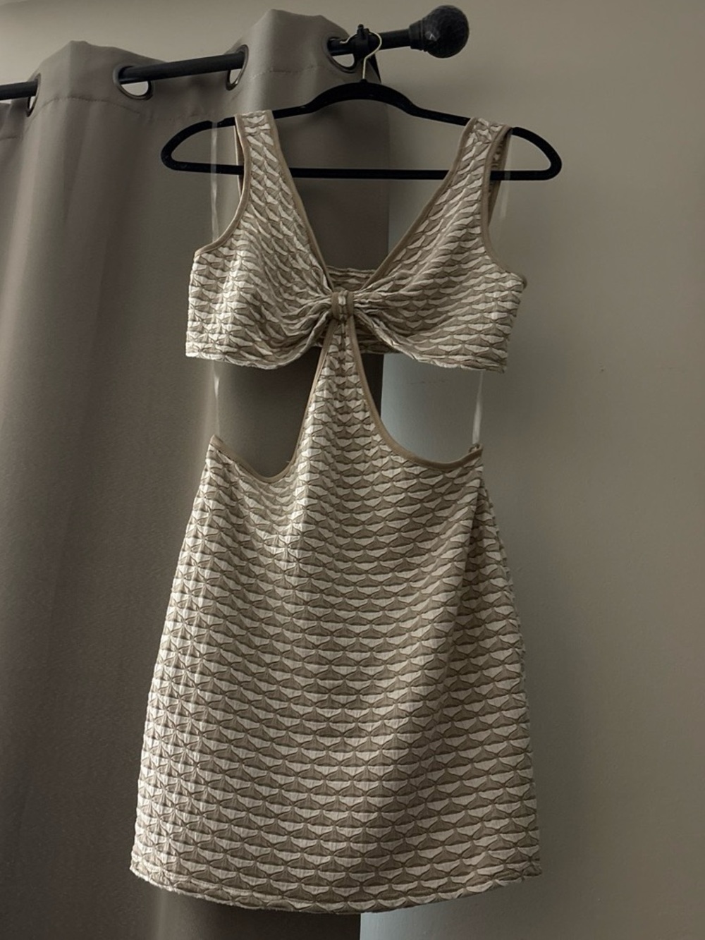 monaco Beige Textured Cutout Mini Dress with Front Knot
